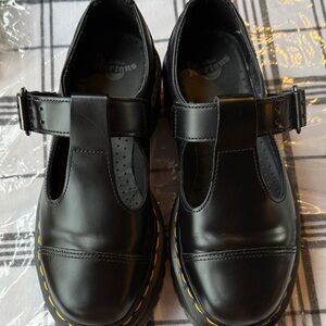 Dr. Martens Black Platform Shoes with Yellow Stitching